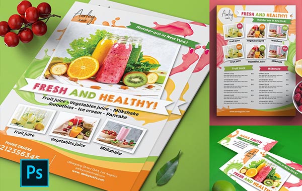 PDS模板-果汁店奶茶店饮品店宣传单&名片模板-Juice Menu Flyer + Business Card