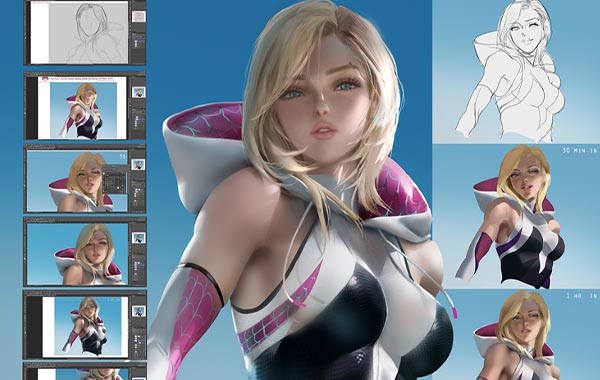 女性蜘蛛侠漫画绘制视频教程-Sakimichan Portrait Paint Over Tutorial