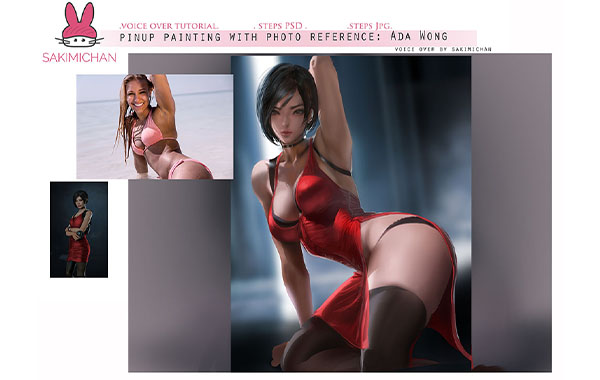 真实人像绘制漫画视频教程-Pinup Painting Voice Over with Photo Reference: Ada Wong by Sakimichan