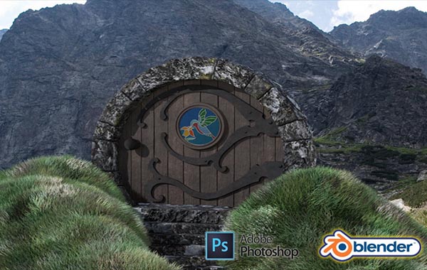 Blender霍比特人自然山峰幻想场景3D建模视频教程-3D Modelling a Hobbit Door Scene in Blender 2.9 and Adobe Photoshop with 3D Tudor Neil Bettison